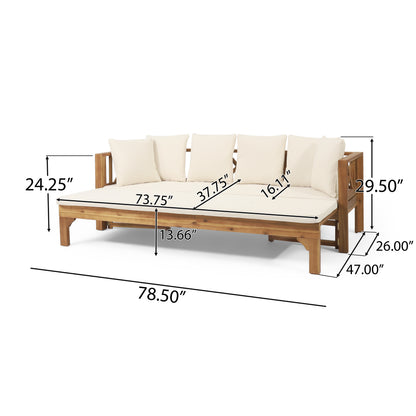 Outdoor Extendable Acacia Wood 3 Seater Sofa, Upholstered Cushion Couch, Daybed Sofa Chair, Spacious Seating Lounge Chair, Patio Daybed Sofa for Garden Yard image 5