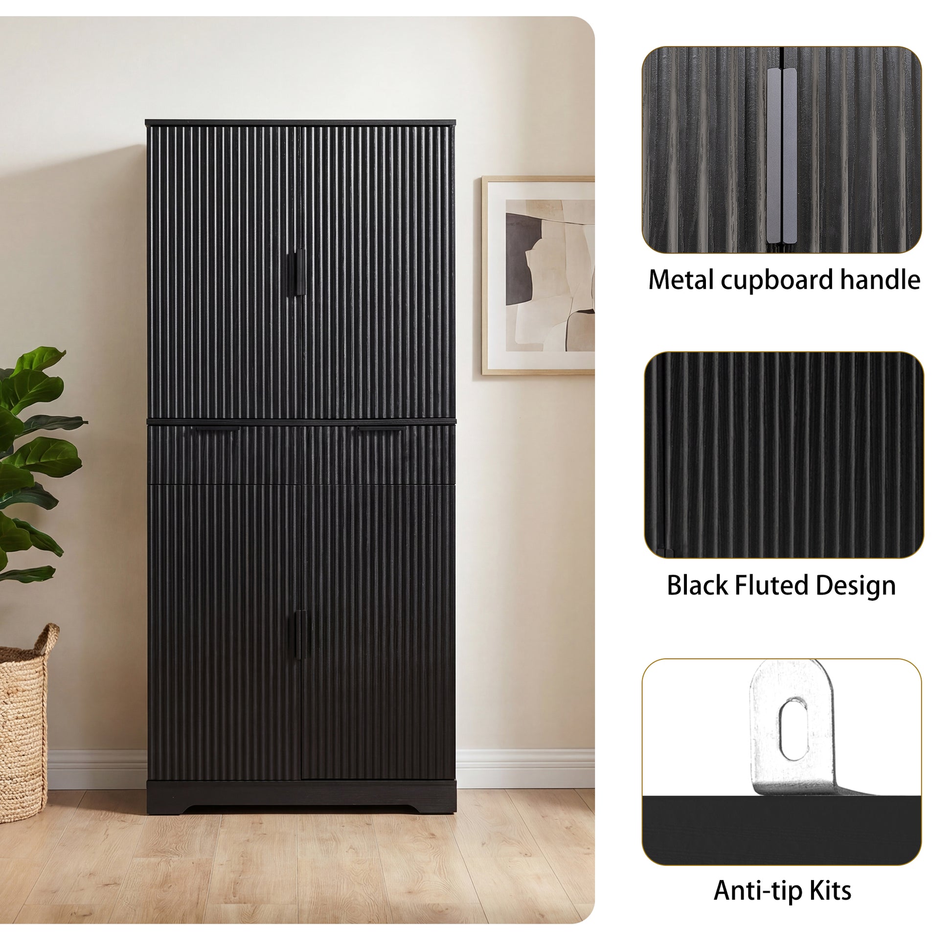 72" Fluted Kitchen Pantry Cabinet with 3 Keyboard Drawers & 6 Door Shelves Adjustable, Freestanding Cupboard Storage Cabinet for for Bathroom Dining Room, Office, Entryway, Black image 5