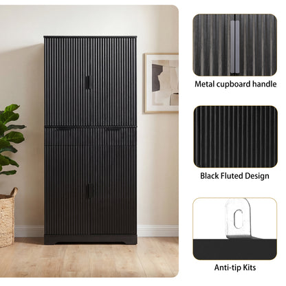 72" Fluted Kitchen Pantry Cabinet with 3 Keyboard Drawers & 6 Door Shelves Adjustable, Freestanding Cupboard Storage Cabinet for for Bathroom Dining Room, Office, Entryway, Black image 5