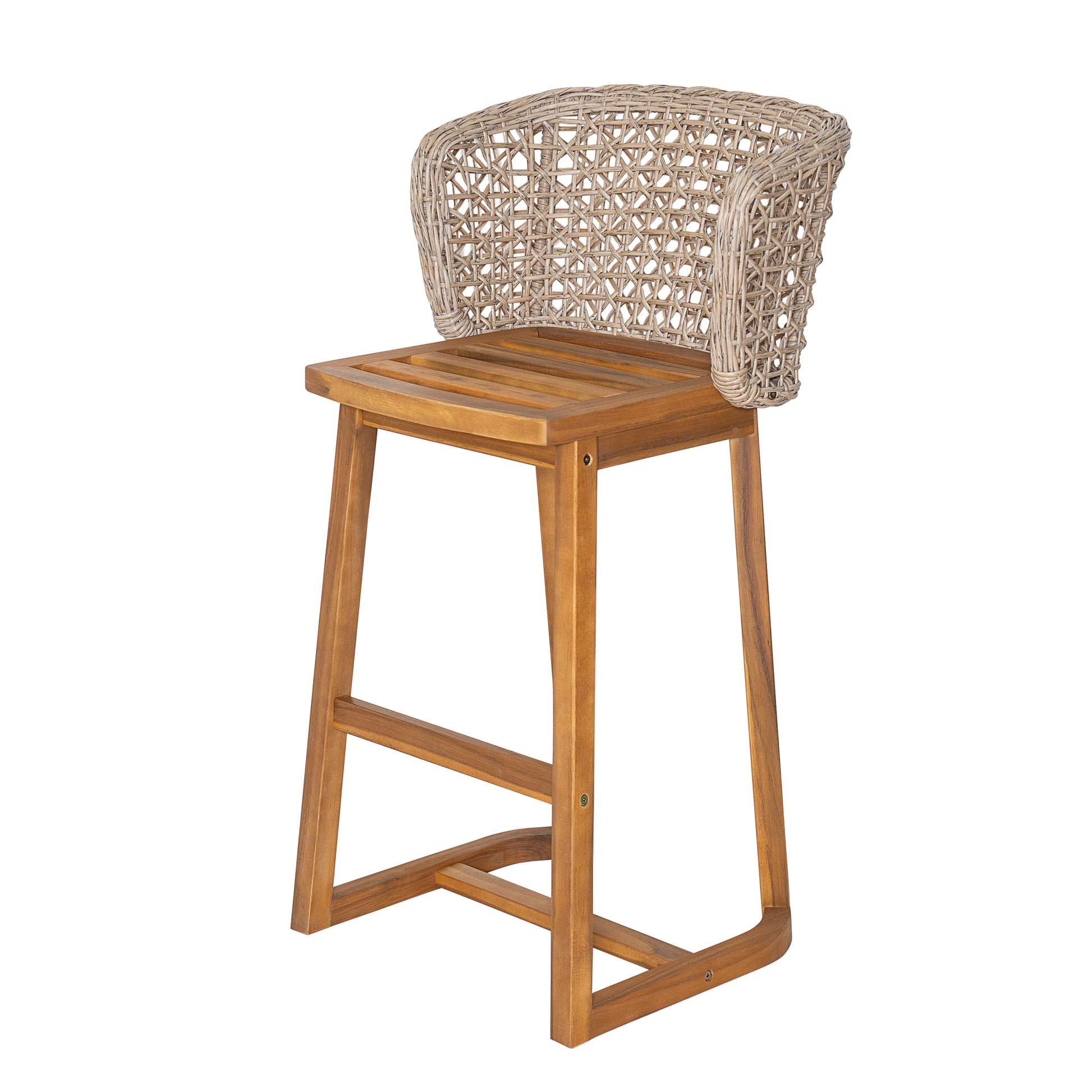 Outdoor Acacia Wood Bar Stools (Set of 2), Teak Finish Bar Height Chairs with Beige Cushion & Light Brown Wicker Back, Counter Height Stools for Patio, Poolside, Kitchen Island image 12