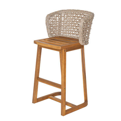 Outdoor Acacia Wood Bar Stools (Set of 2), Teak Finish Bar Height Chairs with Beige Cushion & Light Brown Wicker Back, Counter Height Stools for Patio, Poolside, Kitchen Island image 12