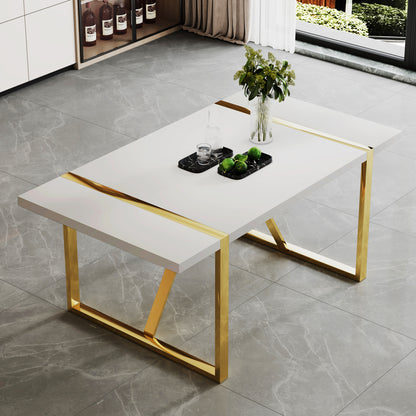 Industrial rectangular MDF material white dining table, equipped with a 2.3-inch thick tabletop and golden metal legs, used for writing desks, restaurants, and living rooms71"*39.3"*30" image 1
