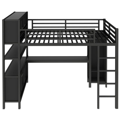 Metal Loft Bed with Wardrobe And L-shaped Desk, Queen Size Loft Bed with Storage Cubes and Shelves, Heavy Duty Loft Bed for Kids Teens Adults, Black image 5