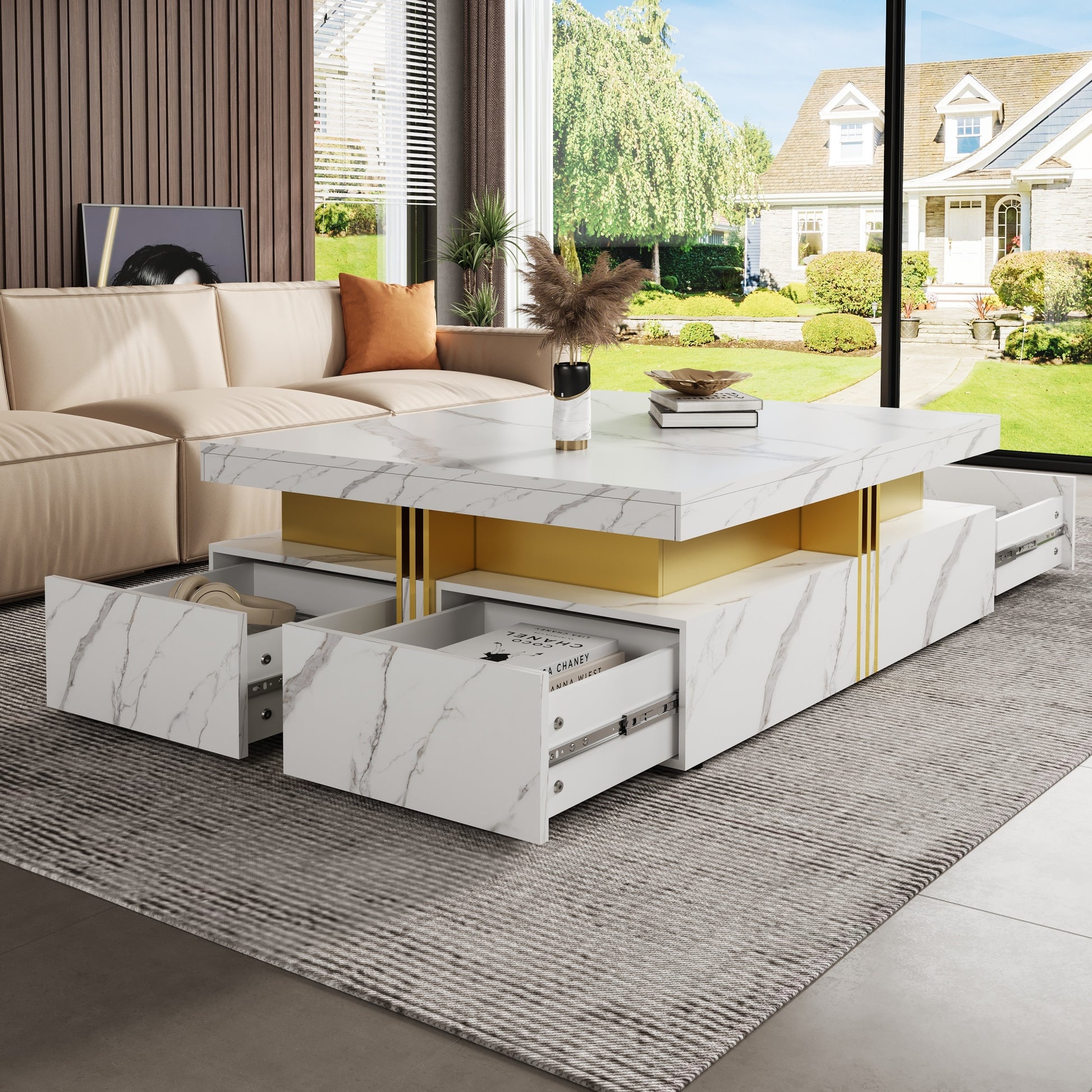 Modern White Square Storage Coffee Table with 4 Drawers image 3