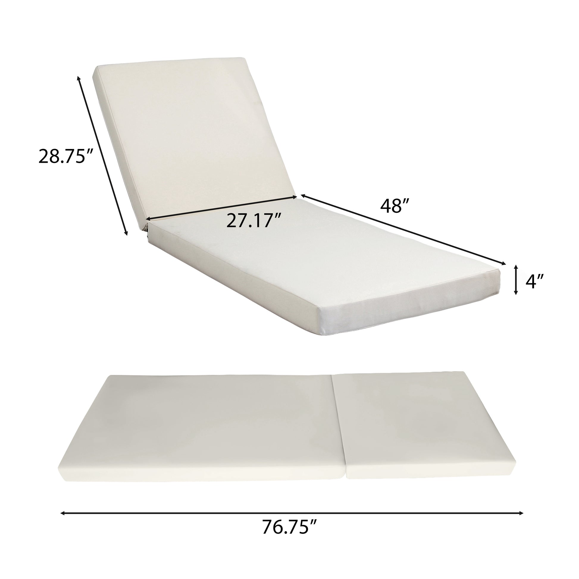 Chaise lounge with 4-inch thick cream cushion and flat side surface for drinks