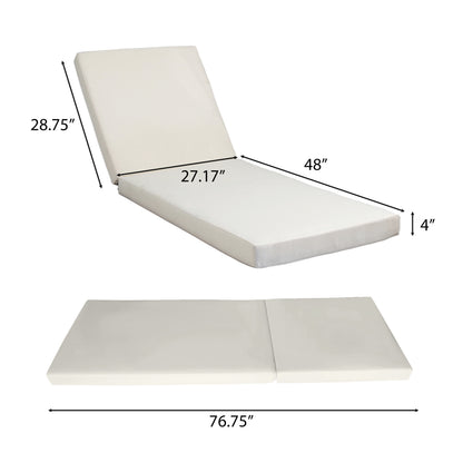 Chaise lounge with 4-inch thick cream cushion and flat side surface for drinks