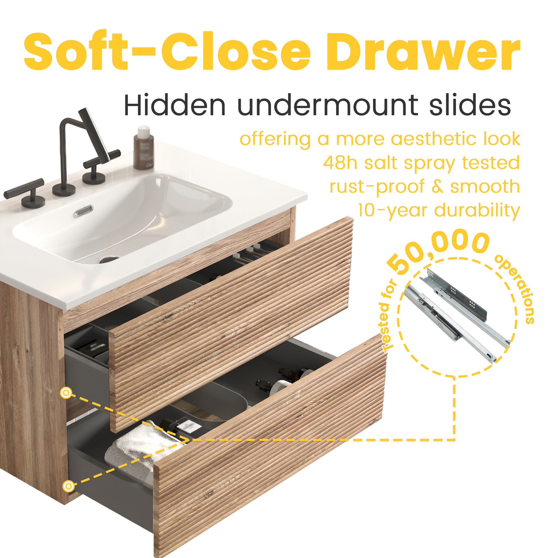 Gloria 30" Wall Mounted Rough Oak&Rough Oak Bathroom Vanity with Integrated Ceramic Sink with Overflow, with 3 holes, Large Storage Floating Bathroom Vanity for Modern Bathroom, KD image 6
