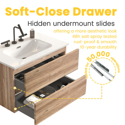Gloria 30" Wall Mounted Rough Oak&Rough Oak Bathroom Vanity with Integrated Ceramic Sink with Overflow, with 3 holes, Large Storage Floating Bathroom Vanity for Modern Bathroom, KD image 6