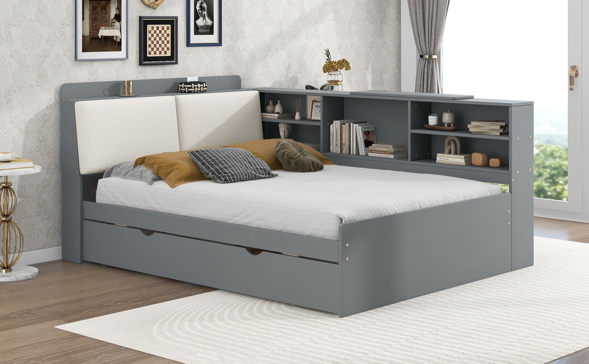 Wood Full Size platform bed with Trundle, Shelves and Storage Headboard, Gray image 7