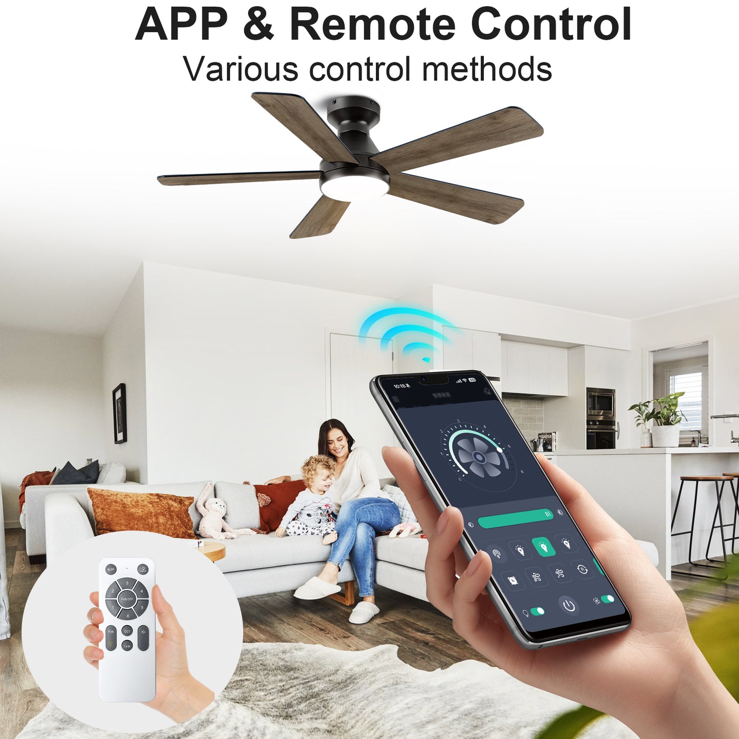 Ceiling Fans with Lights, 52 inch Low Profile Ceiling fan with Light and Remote Control, Flush Mount, Reversible, 3CCT, Dimmable, Noiseless, Black Ceiling Fan for Bedroom, Indoor/Outdoor Use image 3