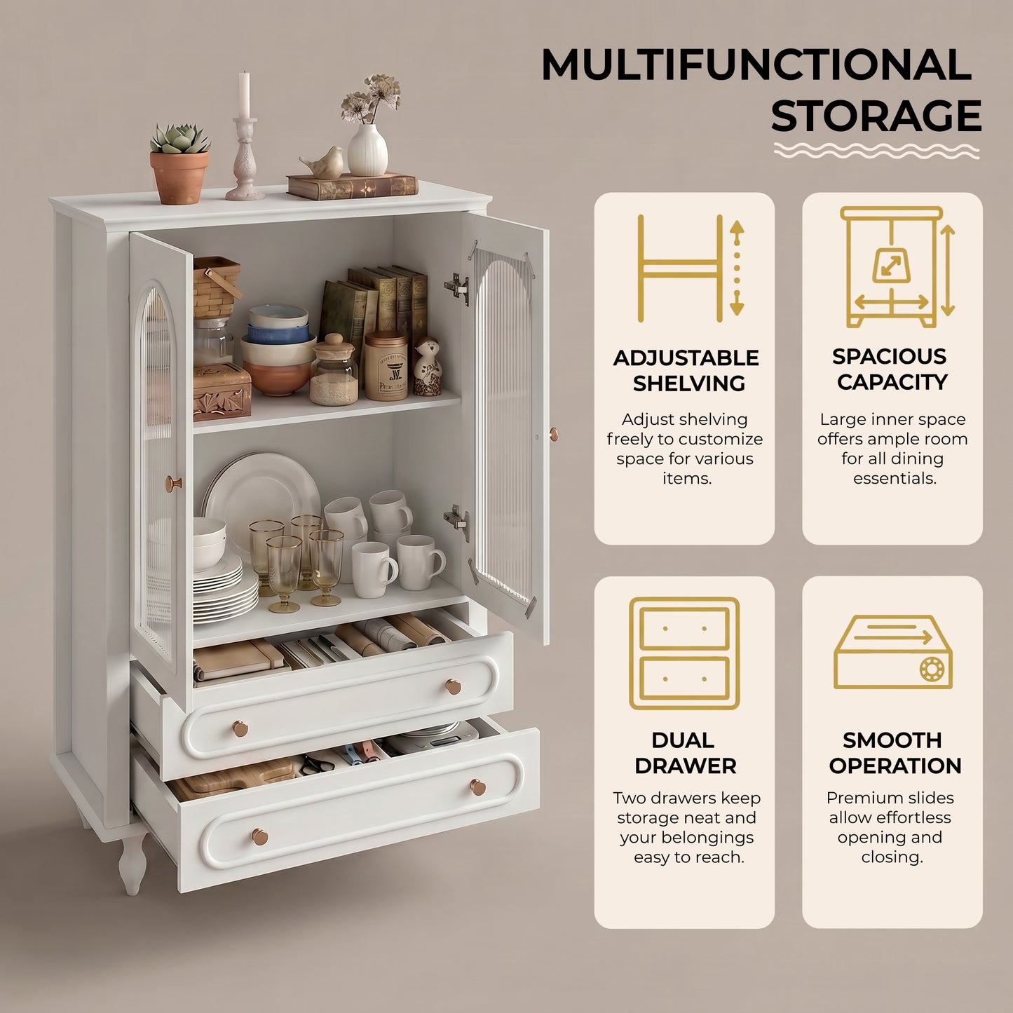 46.5'' Glass Display Cabinet with Ribbed Glass Doors,Wooden Curio Cabinet with 2 Drawers & Adjustable Shelf, Freestanding Buffet Cabinet Unit for Living Room Dining Room, White image 8