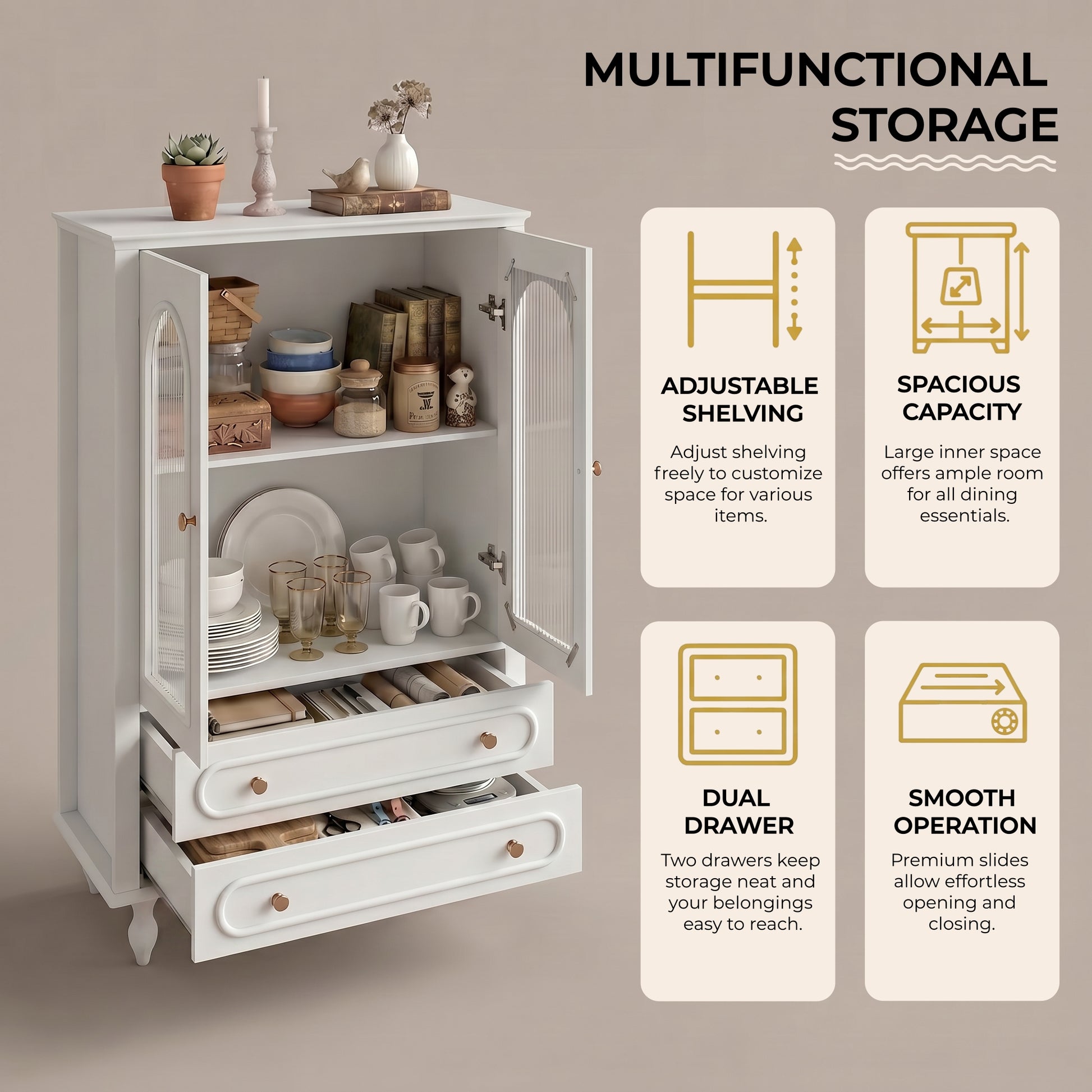 46.5'' Glass Display Cabinet with Ribbed Glass Doors,Wooden Curio Cabinet with 2 Drawers & Adjustable Shelf, Freestanding Buffet Cabinet Unit for Living Room Dining Room, White image 8