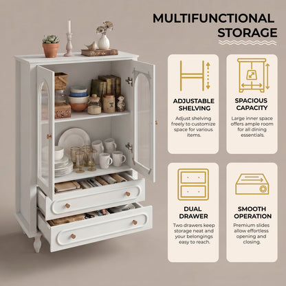 46.5'' Glass Display Cabinet with Ribbed Glass Doors,Wooden Curio Cabinet with 2 Drawers & Adjustable Shelf, Freestanding Buffet Cabinet Unit for Living Room Dining Room, White image 8