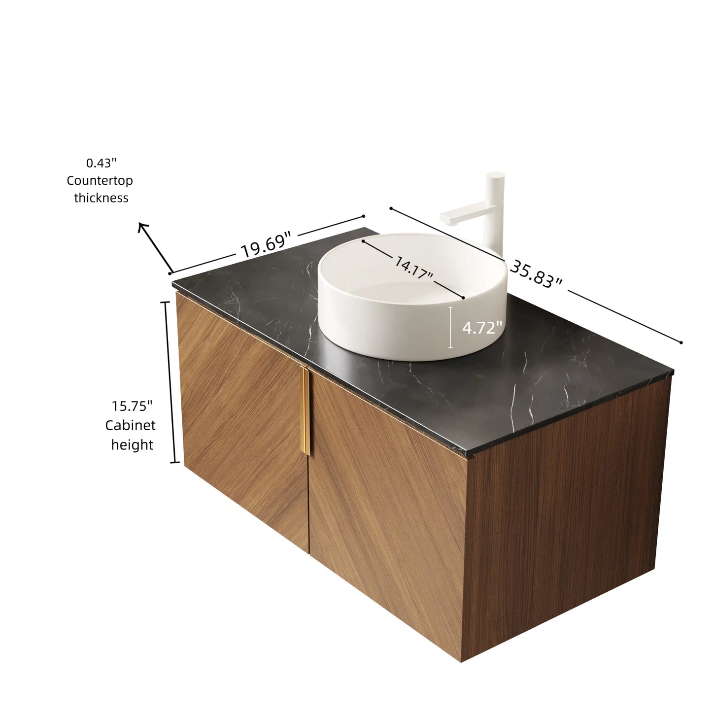 ARAI 36" Bathroom Vanity with Sink, Wall-Mounted Plywood Bathroom Storage Cabinet with Double Doors, Black Sintered Stone Countertop and White Round Ceramic Vessel Basin, Brown Oak Woodgrain Color image 5