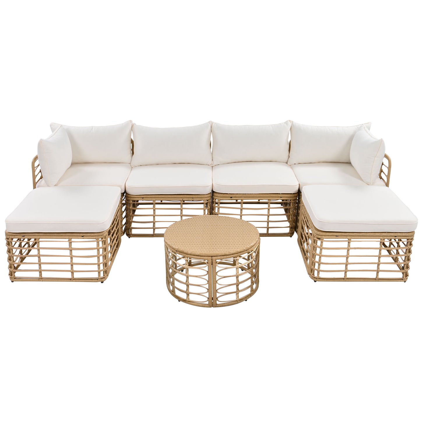 GO 7 Pieces Outdoor Patio Furniture, All-Weather Rattan Sectional Sofa Set with Thick Cushions and Pillows, Freely Combined Conversation Sets for Garden, Backyard, Balcony, Beige image 10