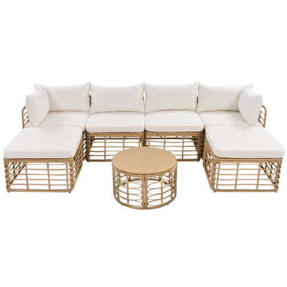 GO 7 Pieces Outdoor Patio Furniture, All-Weather Rattan Sectional Sofa Set with Thick Cushions and Pillows, Freely Combined Conversation Sets for Garden, Backyard, Balcony, Beige image 10