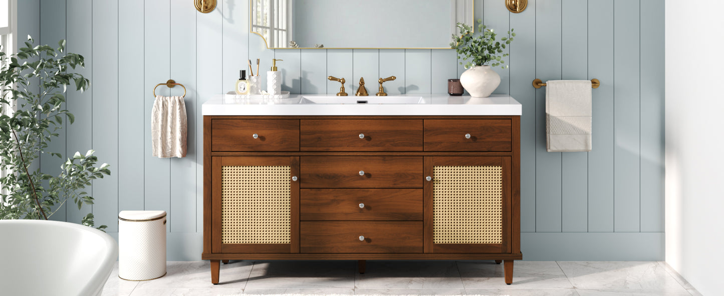 60" Bathroom Vanity with SMC Sink, Modern Large Storage Bathroom Storage Cabinet with Soft Close Drawers and Rattan Doors, Silver Metal Knobs and 5 Pine Legs, Brown image 2