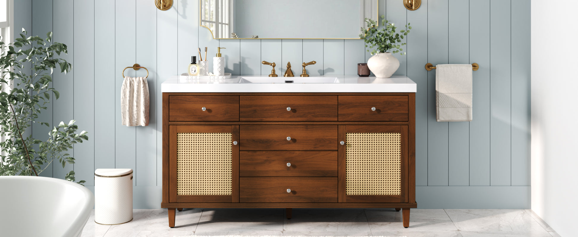 60" Bathroom Vanity with SMC Sink, Modern Large Storage Bathroom Storage Cabinet with Soft Close Drawers and Rattan Doors, Silver Metal Knobs and 5 Pine Legs, Brown image 2