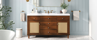60" Bathroom Vanity with SMC Sink, Modern Large Storage Bathroom Storage Cabinet with Soft Close Drawers and Rattan Doors, Silver Metal Knobs and 5 Pine Legs, Brown image 2