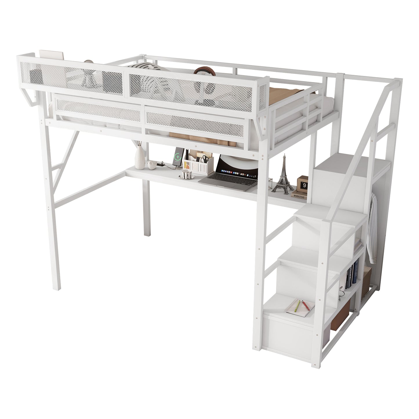 Full Loft Bed with Desk and Charging Station, Full Size Metal Loft Bed with Stairs and Light for Kids Teens,White(Expect Arrival Date 2026/3/7) image 8