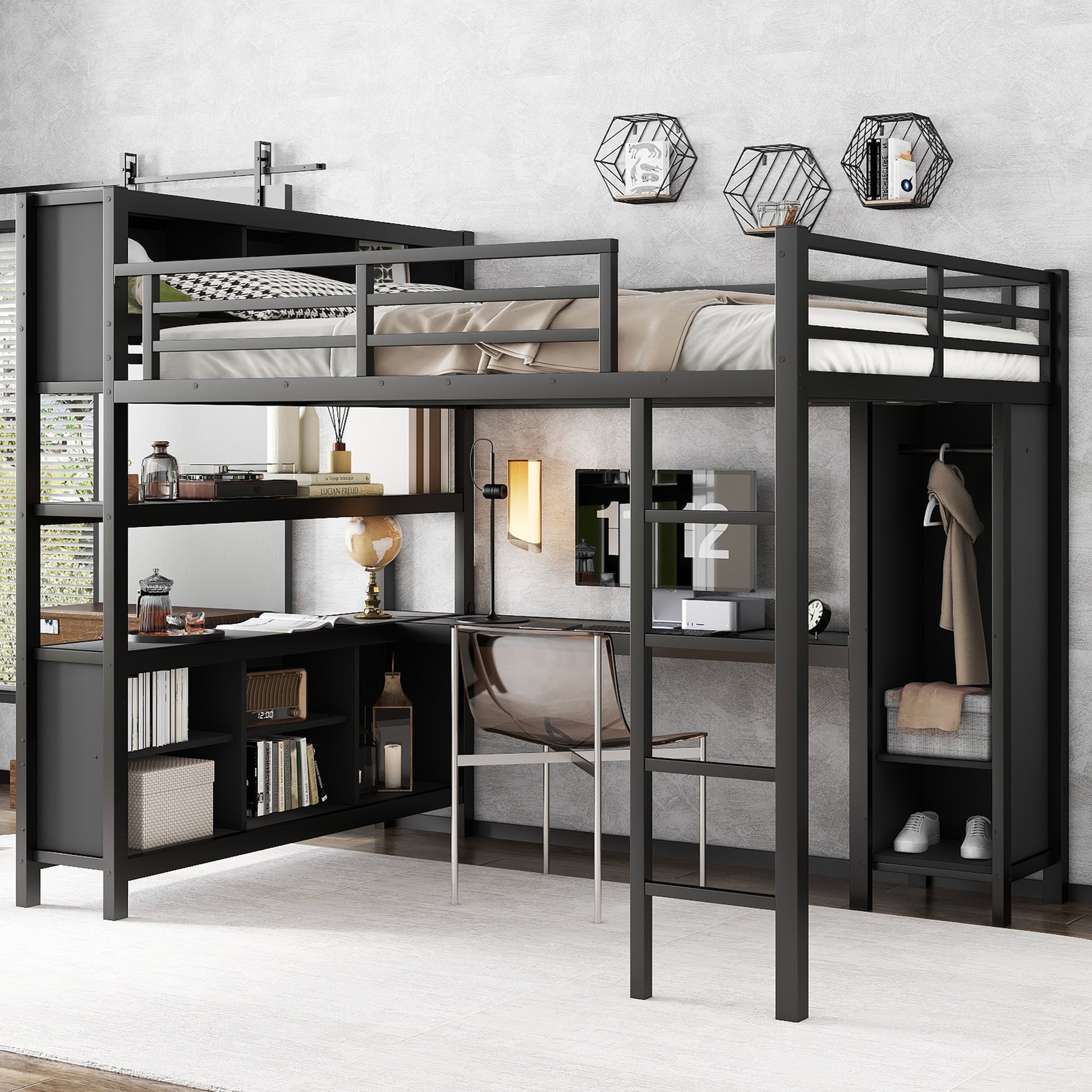 Metal Loft Bed with Wardrobe And L-shaped Desk, Queen Size Loft Bed with Storage Cubes and Shelves, Heavy Duty Loft Bed for Kids Teens Adults, Black image 1