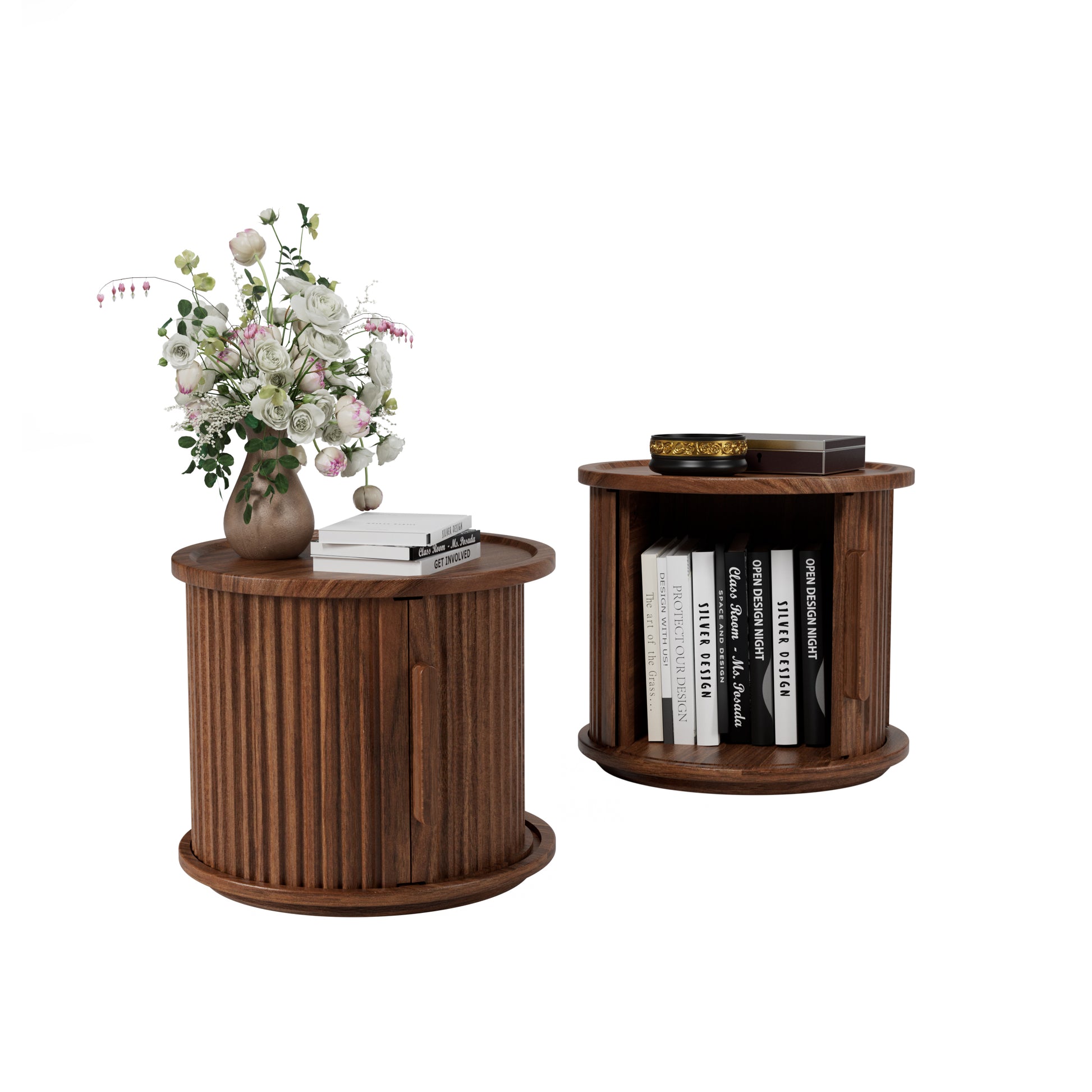 2Piece Round Coffee Table Set, Modern Nesting Side Tables with Sliding Door Storage, Walnut Finish Sofa End Table & Bedside Nightstand for Living Room & Bedroom, Fluted Roman Column Design Accent Tab image 7