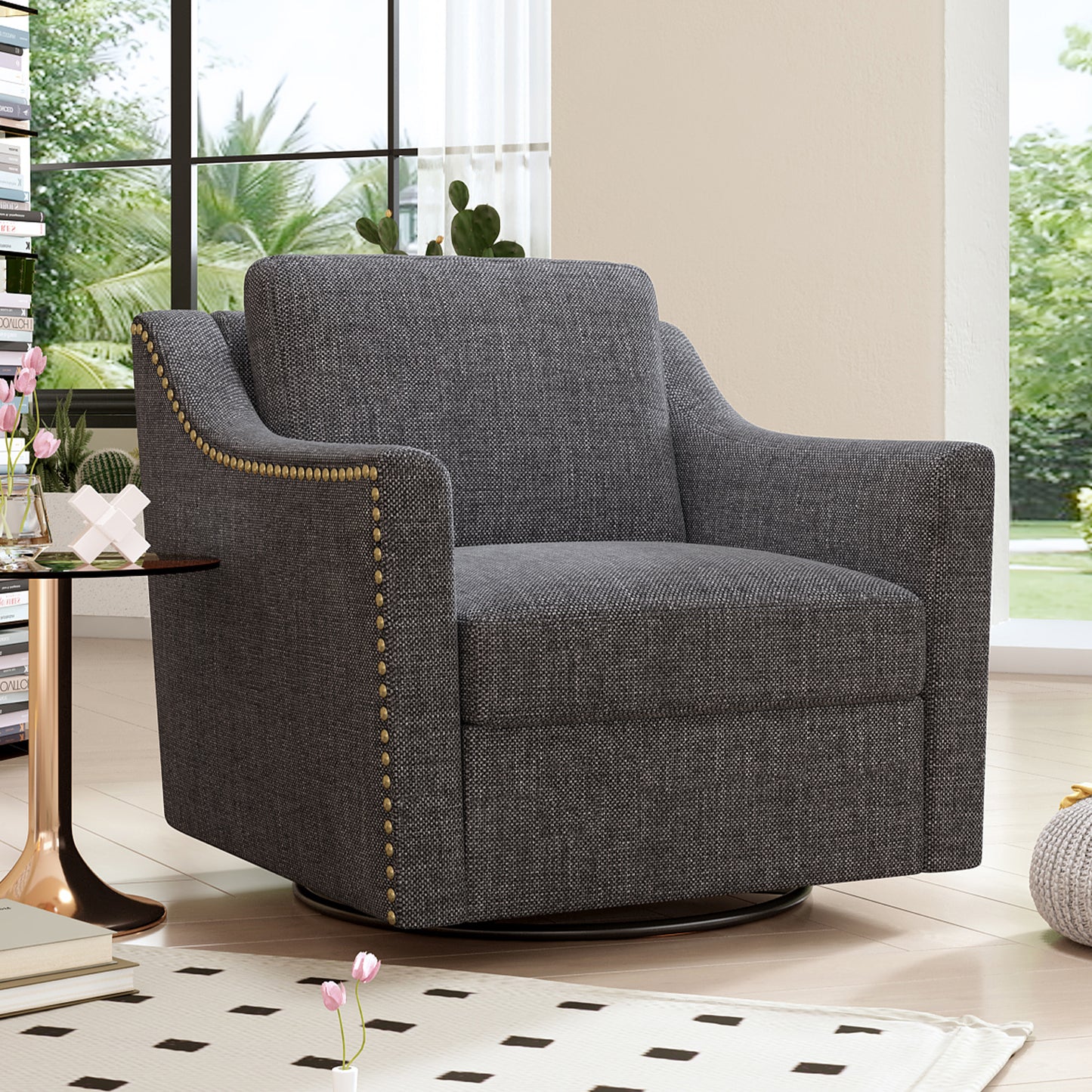 360 Degree Swivel Armchair Cotton linen skin-friendly fabric Ergonomic design Brass nail decorative armchair Living room chairs Bedroom chairs Living room chairs Black legs Suitable for indoor homes image 1