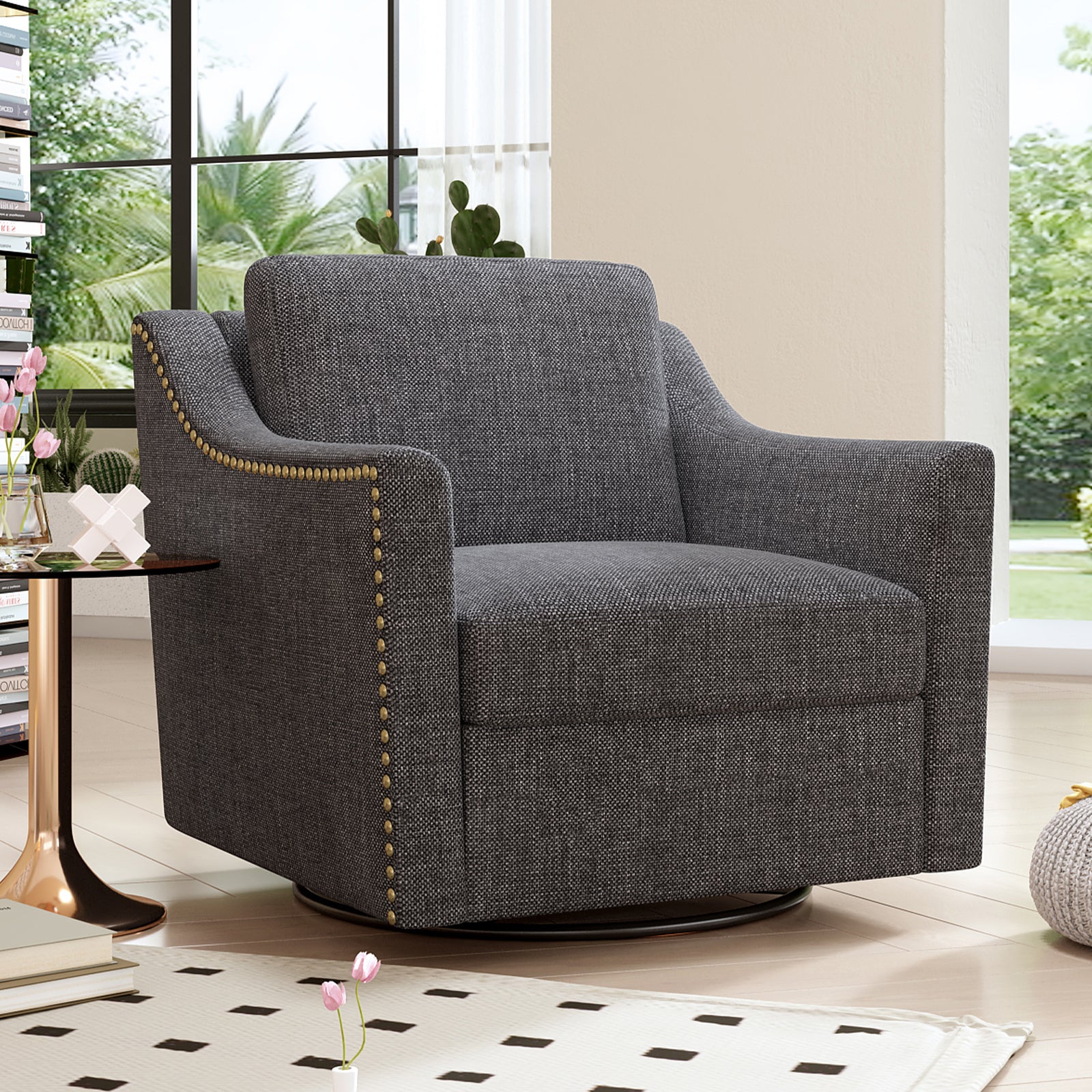 360 Degree Swivel Armchair Cotton linen skin-friendly fabric Ergonomic design Brass nail decorative armchair Living room chairs Bedroom chairs Living room chairs Black legs Suitable for indoor homes image 1