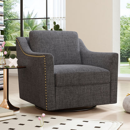 360 Degree Swivel Armchair Cotton linen skin-friendly fabric Ergonomic design Brass nail decorative armchair Living room chairs Bedroom chairs Living room chairs Black legs Suitable for indoor homes image 1