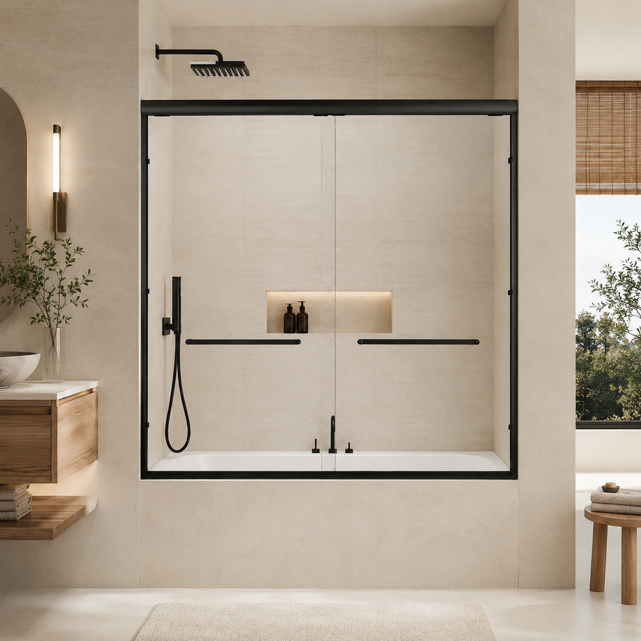 56-60" W x 57" H Framed Double Sliding Bathtub Door, 1/4" (6mm) Clear Tempered Glass with Safety Film and Nano Coating, Waterproof Seals, Matte Black image 1