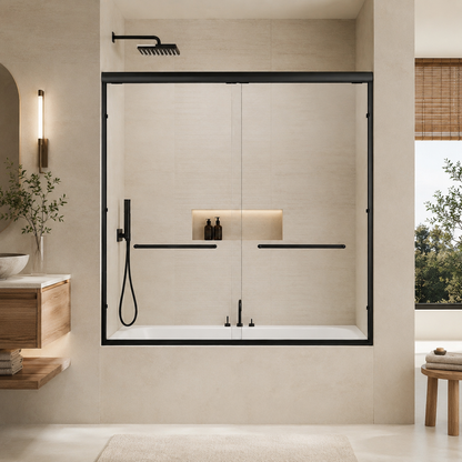 56-60" W x 57" H Framed Double Sliding Bathtub Door, 1/4" (6mm) Clear Tempered Glass with Safety Film and Nano Coating, Waterproof Seals, Matte Black image 1