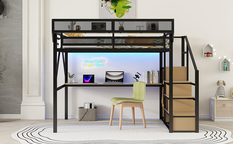 Queen Loft Bed with Desk and Charging Station, Queen Size Metal Loft Bed with Stairs and Light for Kids Teens, Black, Patent Products(OldSKU W2580S00044) image 8