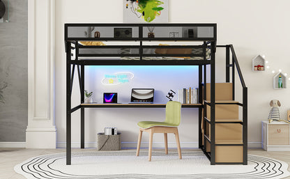 Queen Loft Bed with Desk and Charging Station, Queen Size Metal Loft Bed with Stairs and Light for Kids Teens, Black, Patent Products(OldSKU W2580S00044) image 8