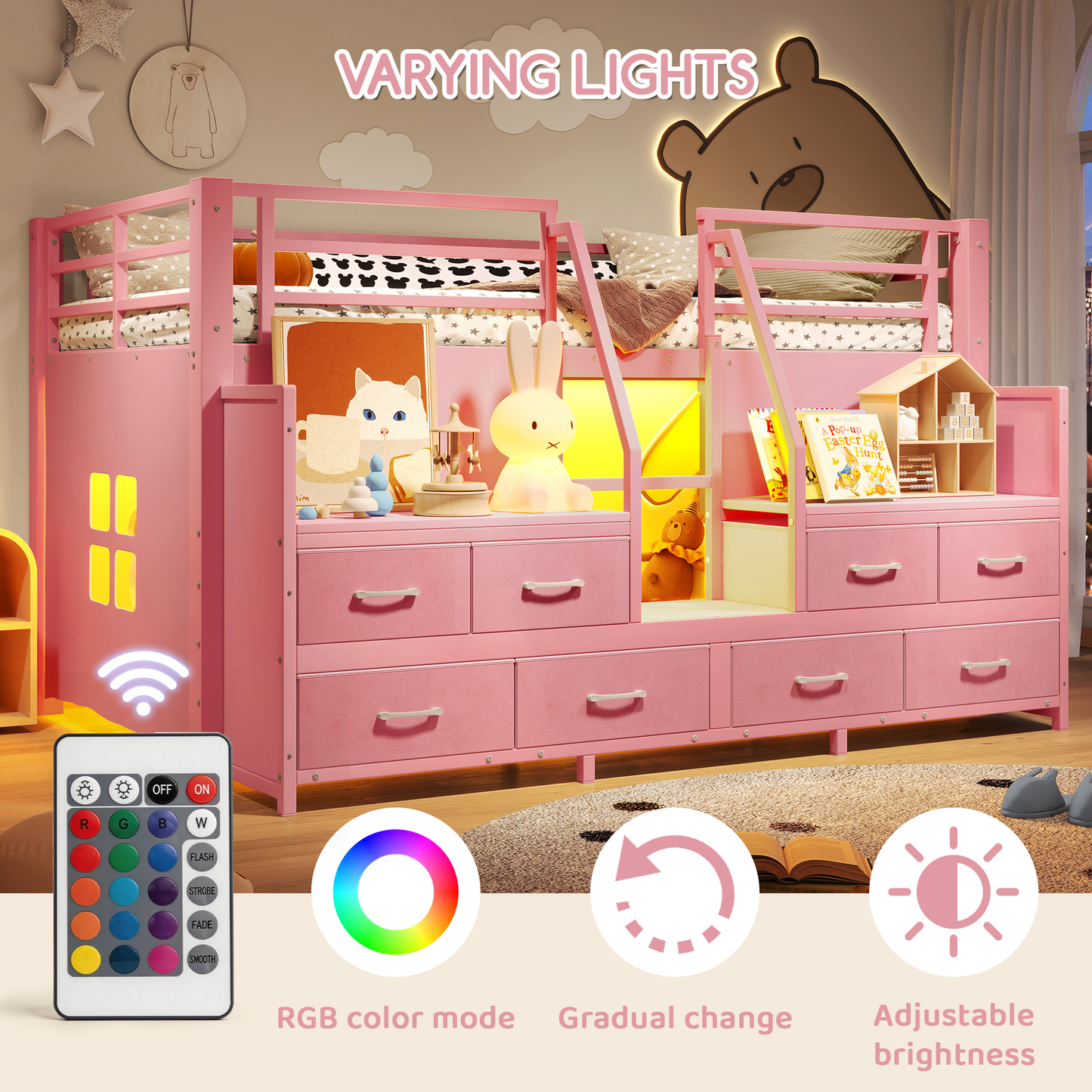 Twin Low Loft Bed with Multi-Storage Spaces, Including Fabric Drawers, Fabric Shelves Beside the Bed, Storage Stairs, Metal Loft Bed with Lights and Ample Under-bed Spaces, Pink image 5