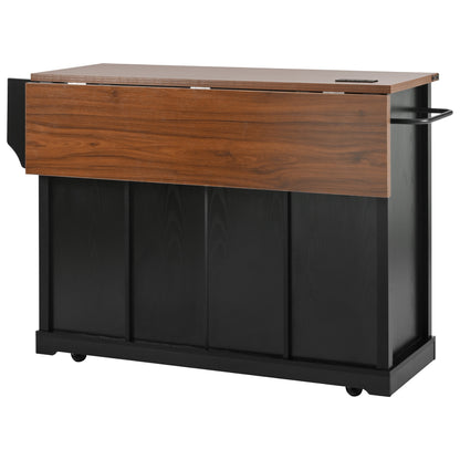 K&K 58" Farmhouse Kitchen Island with Storage, Sliding Barn Door & Metal Grid Side Door, Rolling Kitchen Island on 5 Wheels with Spice Rack, Glass Holders,Island Table with Drop Leaf for Kitchen,Black image 9