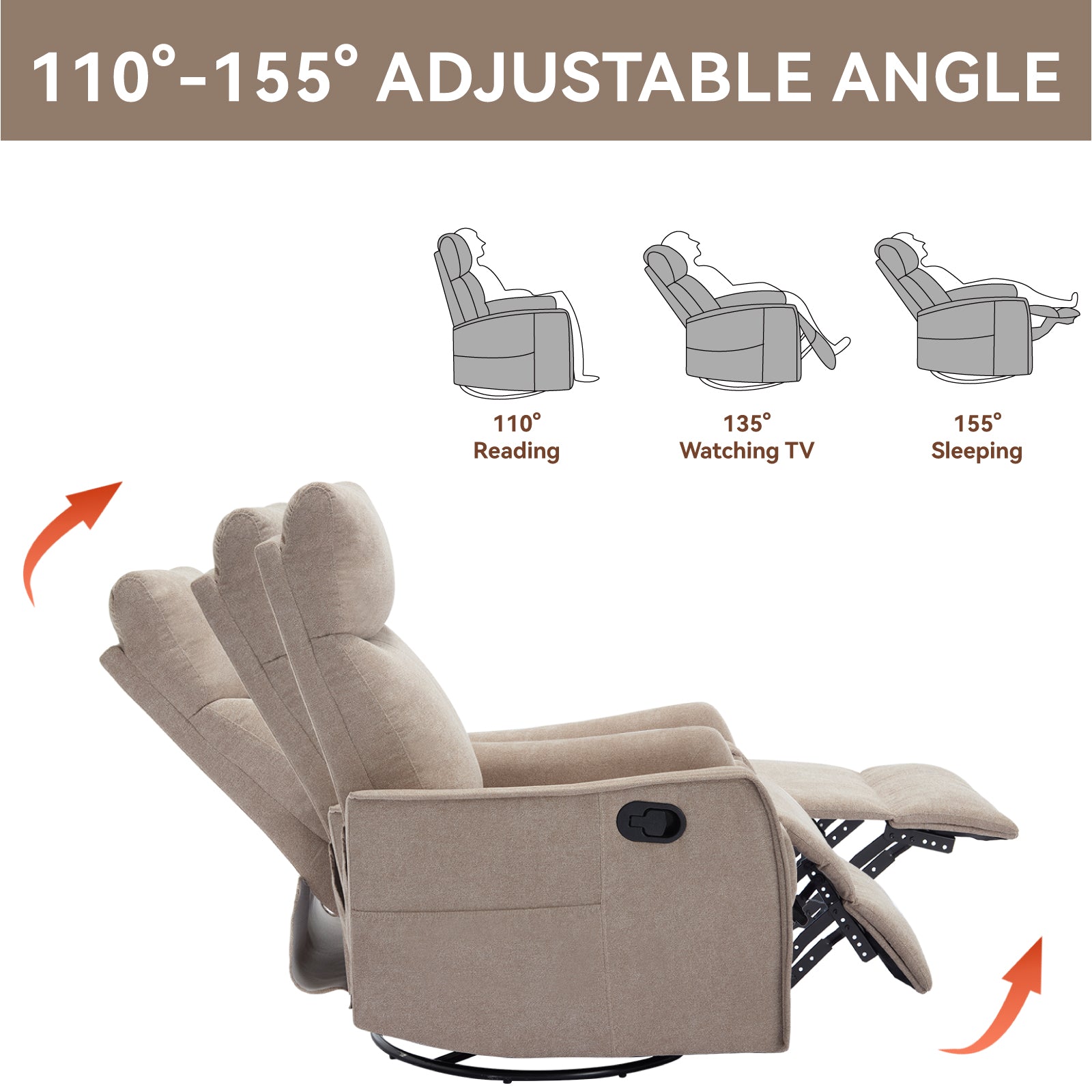 Heat Massage Manual Recliner Chair with Rocker and Swivel in Fabric for Living Room, Khaki image 6