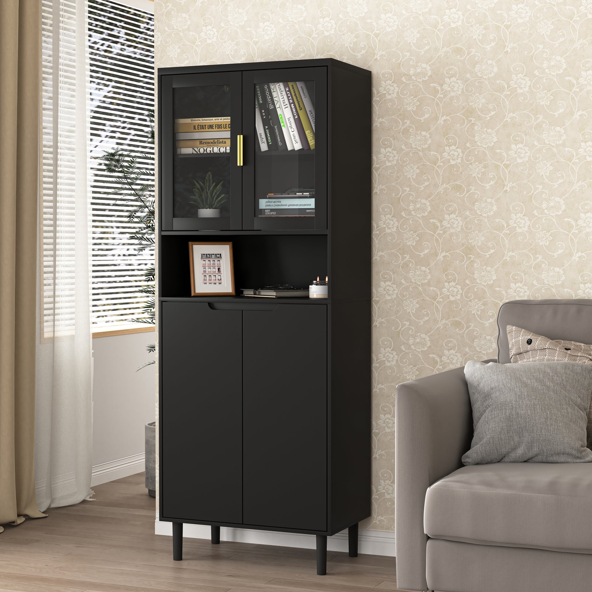Tempered Glass Door Tall Storage Bookcase with adjustable board, 4 doors MDF painting finished cabinet, Black, Living room Bedroom storage image 3