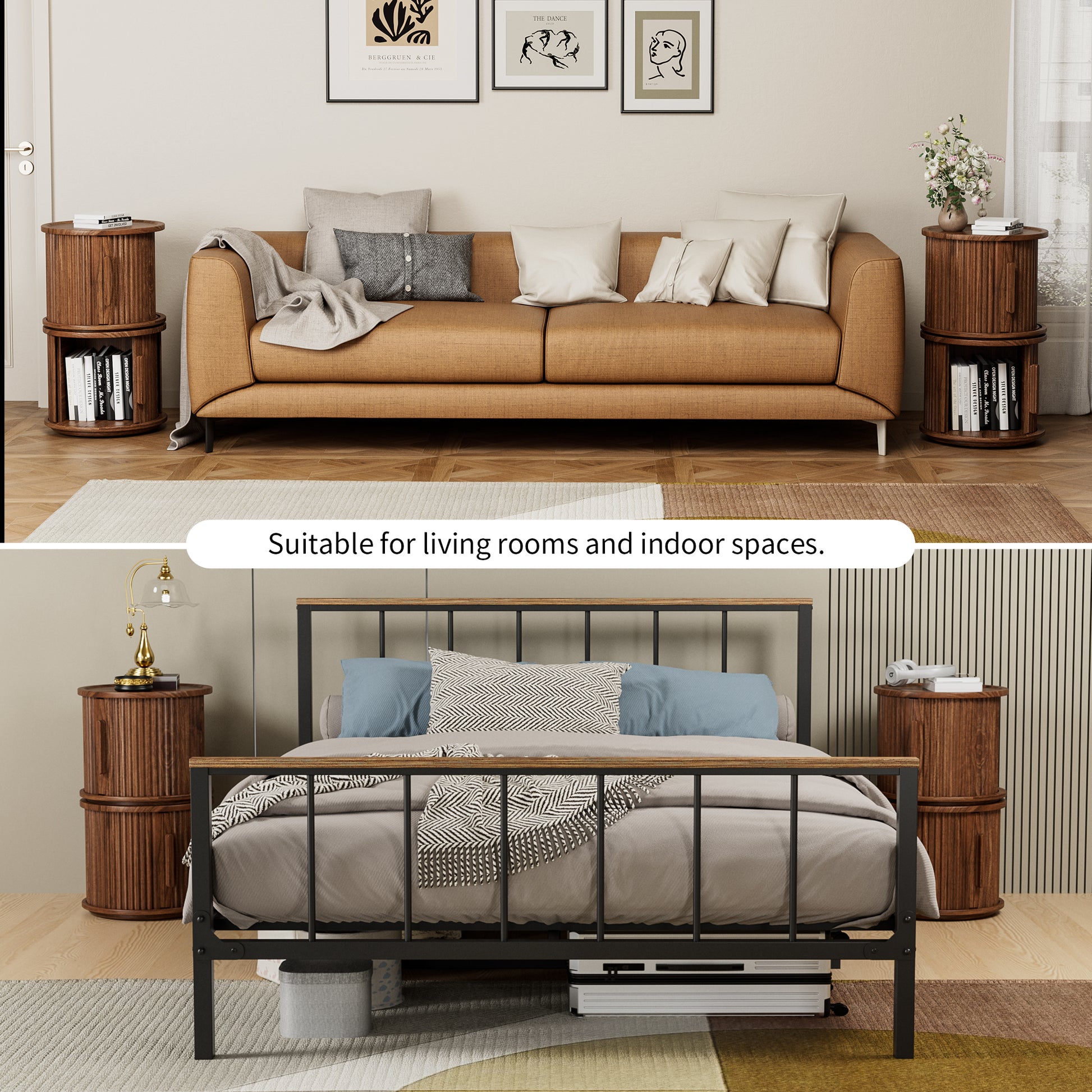 2Piece Round Coffee Table Set, Modern Nesting Side Tables with Sliding Door Storage, Walnut Finish Sofa End Table & Bedside Nightstand for Living Room & Bedroom, Fluted Roman Column Design Accent Tab image 4