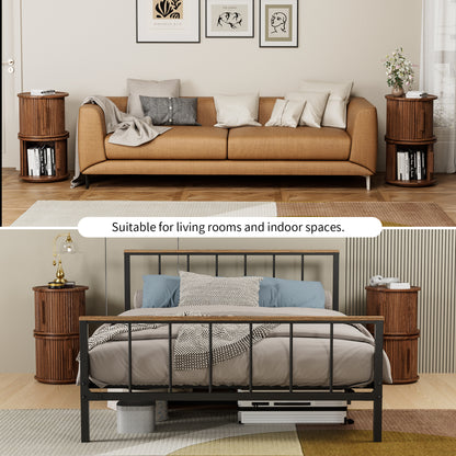 2Piece Round Coffee Table Set, Modern Nesting Side Tables with Sliding Door Storage, Walnut Finish Sofa End Table & Bedside Nightstand for Living Room & Bedroom, Fluted Roman Column Design Accent Tab image 4