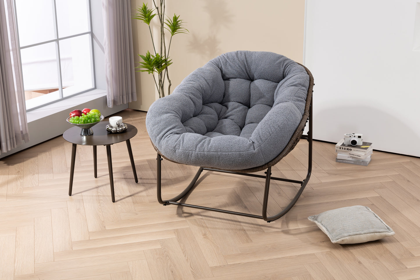Outdoor Rattan Rocking Chair,Padded Cushion Rocker Recliner Chair Outdoor for Front Porch, Living Room, Patio, Garden, Grey image 7