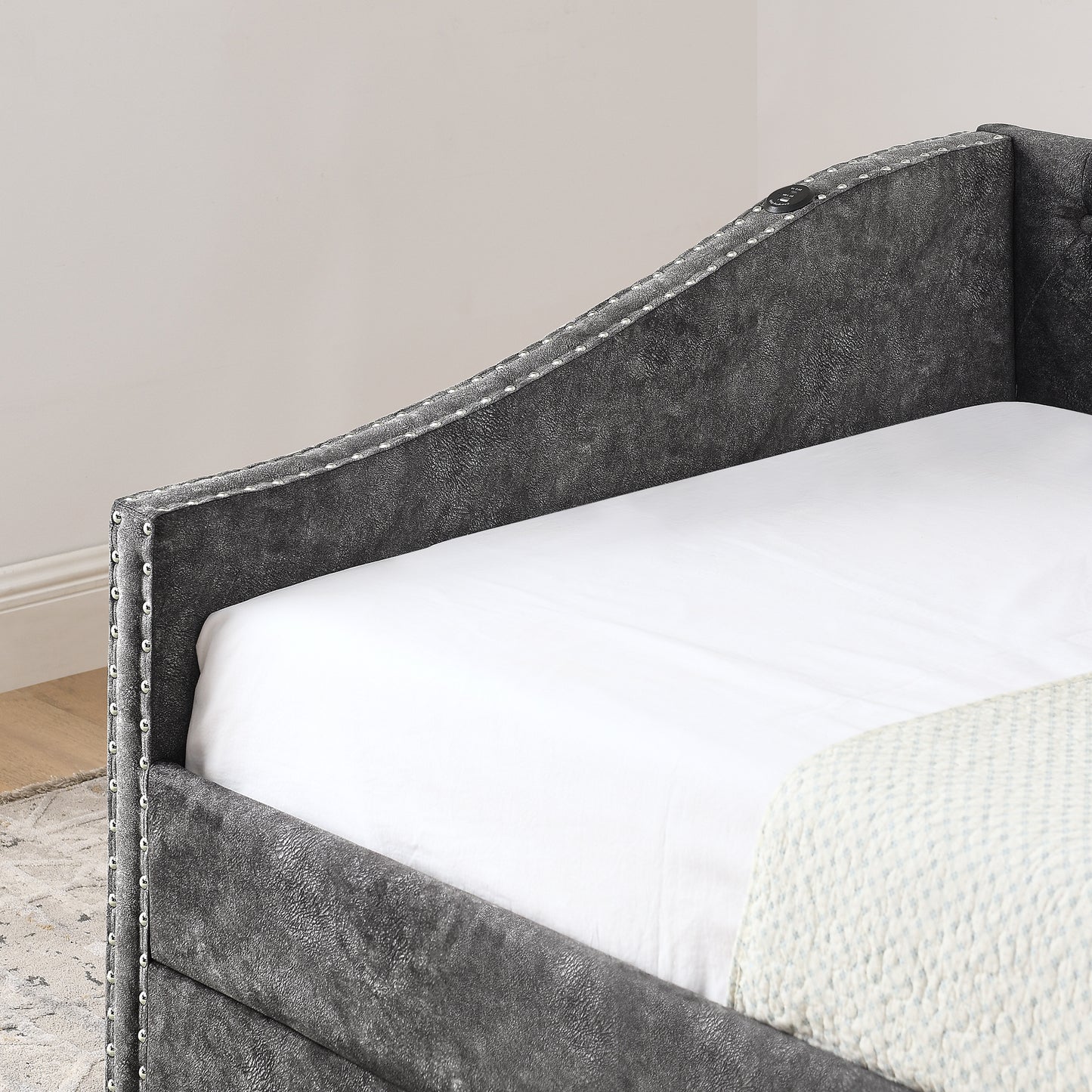 Twin Size Daybed with USB Charging & Pull-out Extendable Bed, with Button on Back and Copper Nail on Waved Shape Arms (81"x42"x30.75") image 7