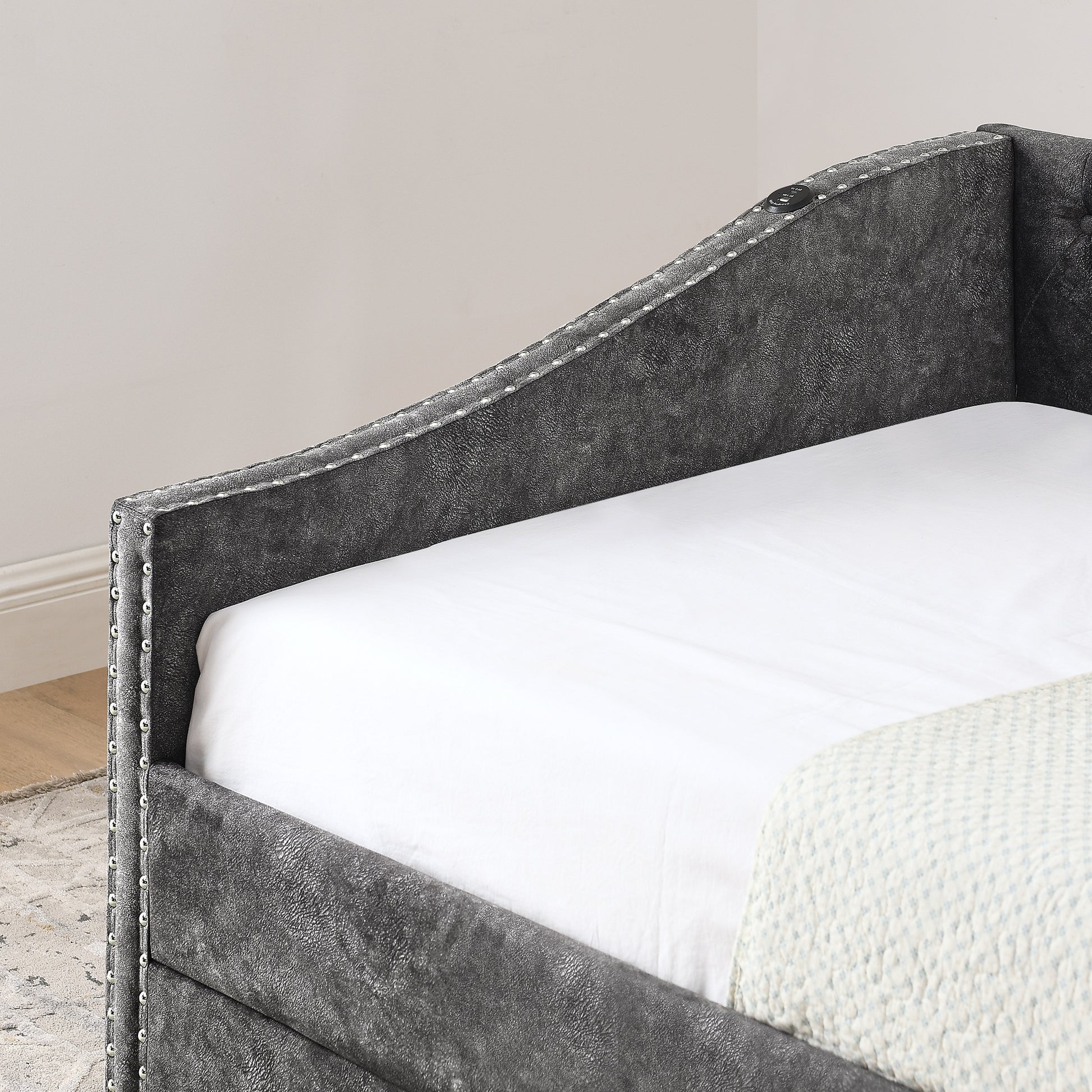 Twin Size Daybed with USB Charging & Pull-out Extendable Bed, with Button on Back and Copper Nail on Waved Shape Arms (81"x42"x30.75") image 7