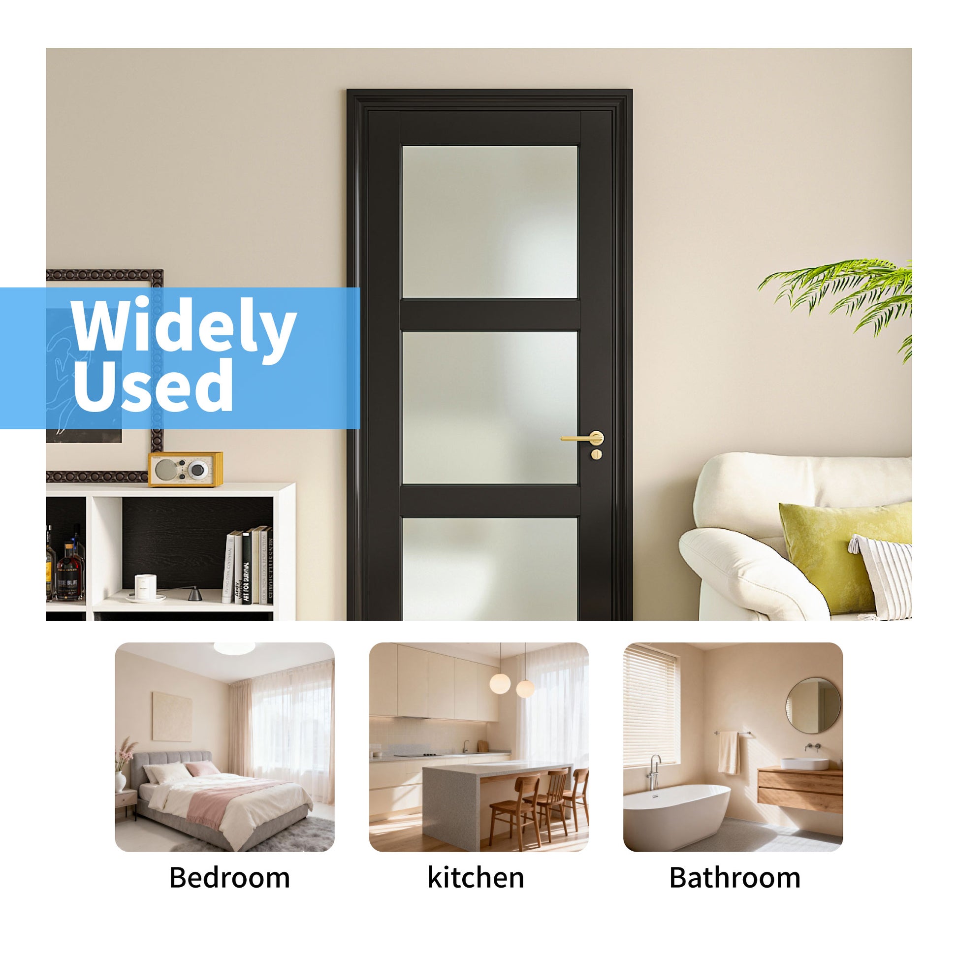 32" X 80"3-Lite Glass Door,Preassembled Frosted Glass French Door,MDF Wood Panel,for Utility Room Pantry Closet Laundry Room, Bathroom,w/o Hardware,Back image 9