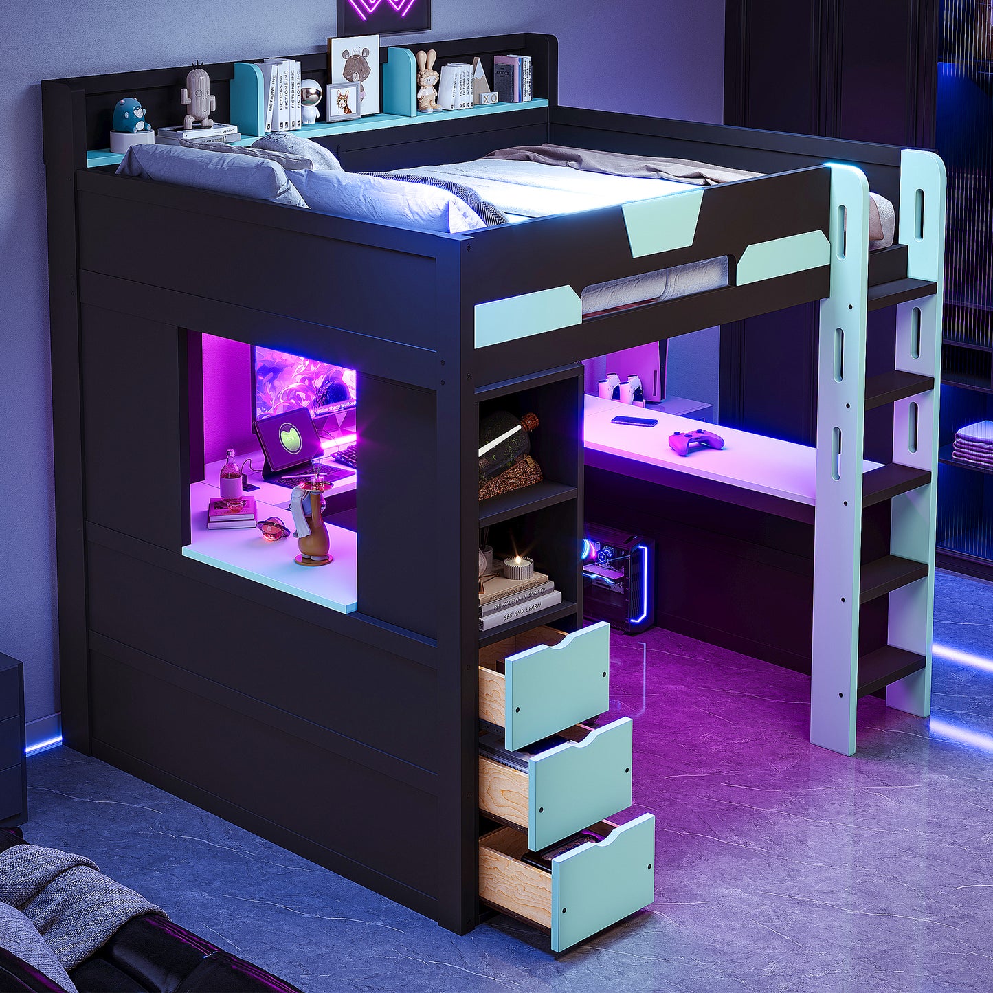 Full Size Wooden Gaming Loft Bed with U-Shaped Desk, Smart RGB LED Lights and USB Ports, Multi-Functional High Sleeper with 3 Drawers and Storage Shelves for Teens Adults, Black+Blue image 3