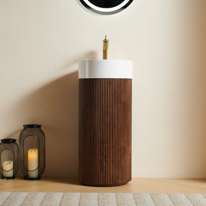 JINBO 16" Freestanding Cylindrical Cabinet, White Round Solid Surface Basin with Faucet Hole, NO Sink Cover, NO Faucet and Drain Set, Walnut Woodgrain Color image 2
