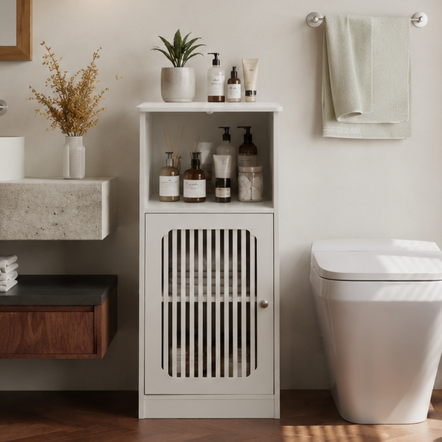 Bathroom low cabinet, louvered door floor-standing bathroom storage cabinet, multi-layer bathroom storage cabinet, white image 9