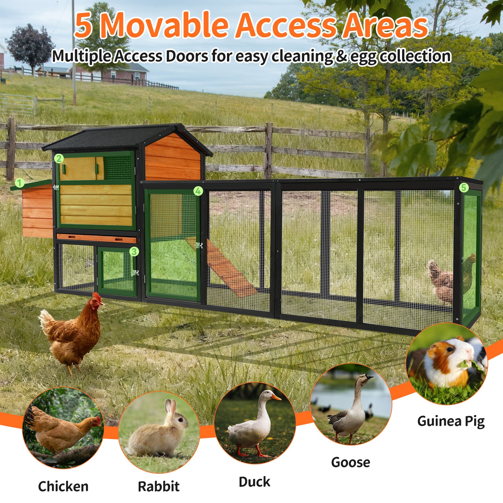 brown+black Wooden Chicken Coop, Large Outdoor Hen House with Run and Nesting Box Poultry Cage, Rabbit Hutch, Waterproof Anti-UV Panel for Backyard image 9