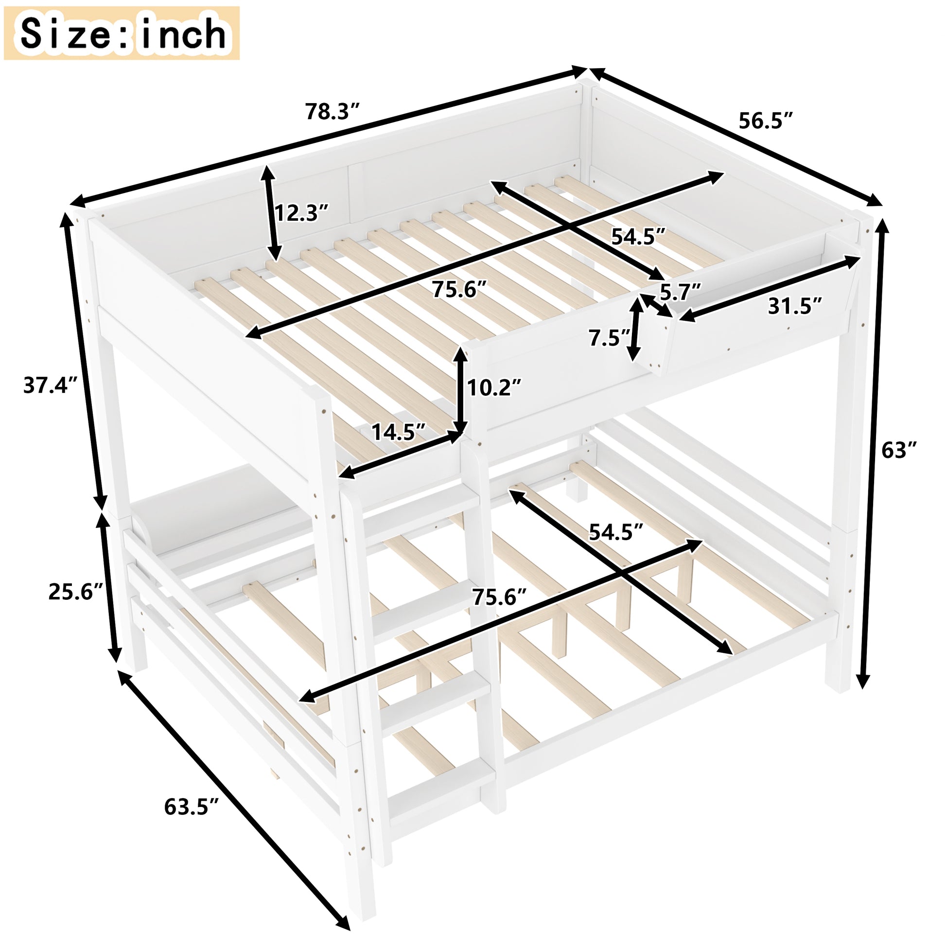 Full Bunk Bed With Storage Shelf and Bookshelf,Wood Bunk Bed with Ladder and Guardrails,Detachable Design,White image 4