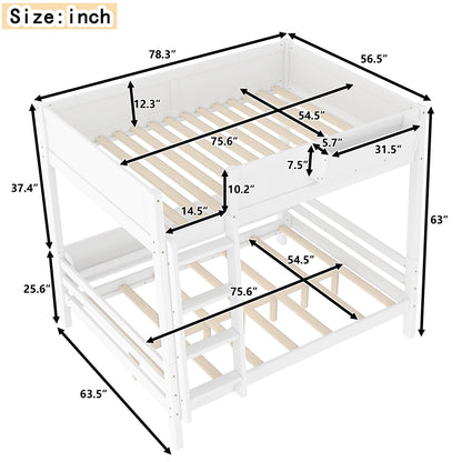 Full Bunk Bed With Storage Shelf and Bookshelf,Wood Bunk Bed with Ladder and Guardrails,Detachable Design,White image 4