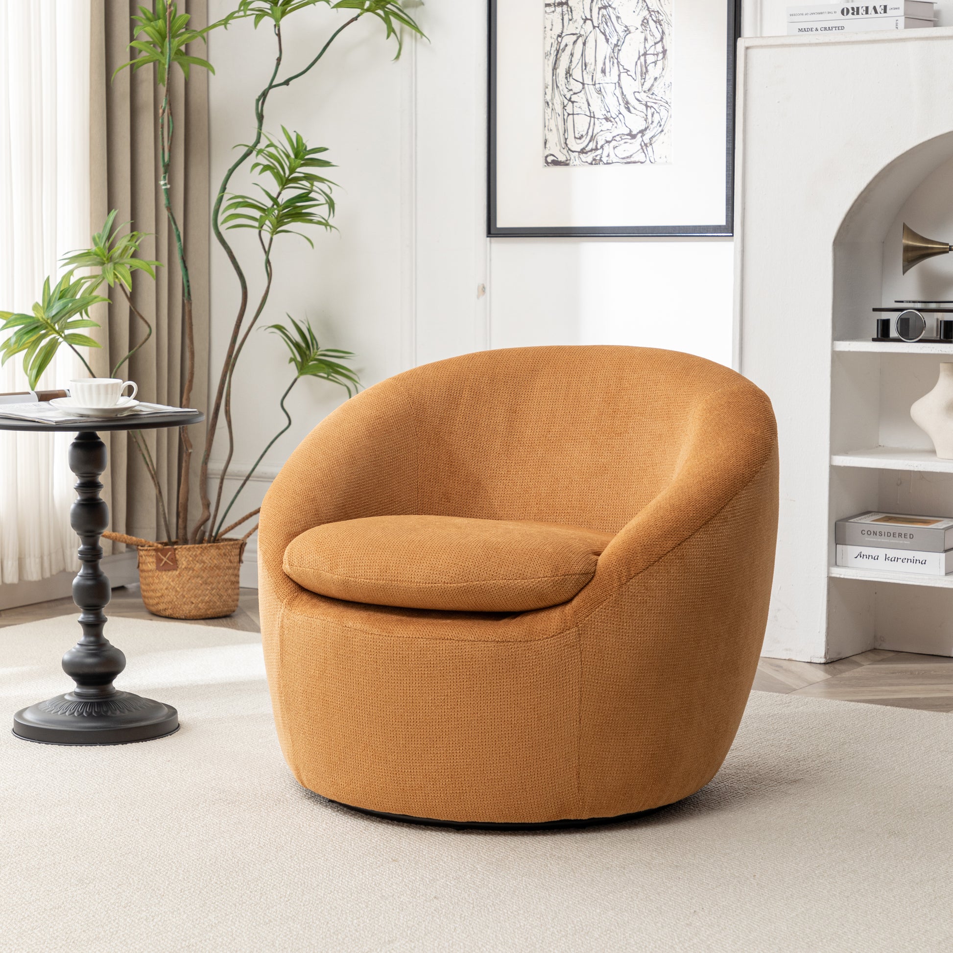 Winnie Modern Teddy Fabric Barrel Chair, 360° Swivel, Yellow image 1